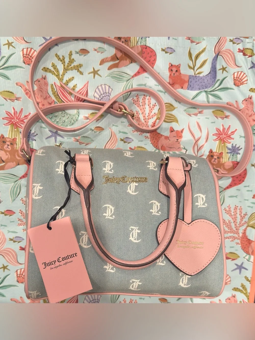 Juicy Couture Denim Purse w Long Strap & White Gothic Lettering w Pink Details